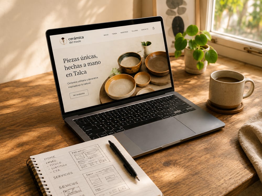 Escritorio con una laptop mostrando un sitio web diseñado por Luis Reyes